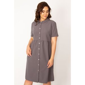 Şans Women's Plus Size Gray Front Collar Dress With Buttons and Gathered Waist