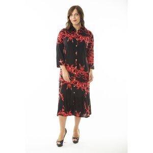 Şans Women's Plus Size Red Woven Viscose Fabric Front Length Buttoned Long Sleeve Dress