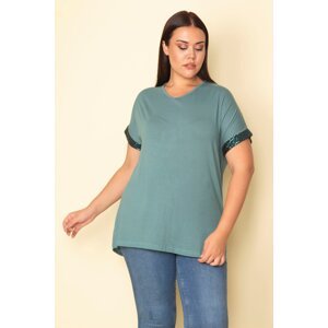 Şans Women's Plus Size Green Viscose Blouse with Sequin Detailed Sleeves, V-neck