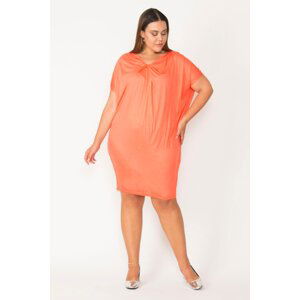 Şans Women's Plus Size Orange Slim Viscose Collar Detailed Tunic