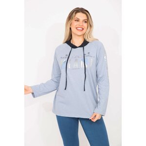 Şans Women's Plus Size Blue Glitter Printed Hooded Tunic