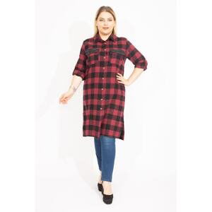 Şans Women's Plus Size Claret Red Checkered Tunic Dress with Front Button and Faux Leather with Garnish