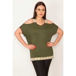 Şans Women's Plus Size Khaki blouse with Decollete Straps and Sequin Lace Detail at the Hem