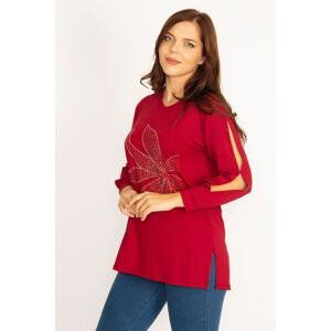 Şans Women's Plus Size Claret Red Decollete Stone Detailed Blouse