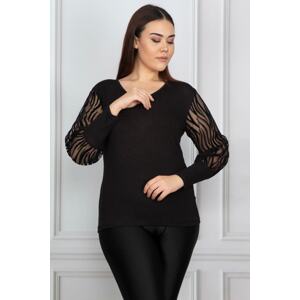 Şans Women's Plus Size Black Flocked Sleeves Tulle Blouse