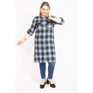 Şans Women's Plus Size Blue Check Patterned Tunic Dress with Front Buttons and Faux Leather with Garnish