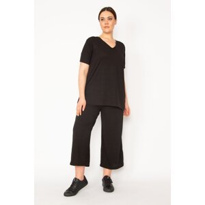 Şans Women's Black Camisole Set With Knitted Elastic Waist, Wide Legs Trousers and a V-neck Blouse Suit