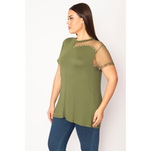 Şans Women's Khaki Plus Size Blouse With Tulle And Pearl Detailed