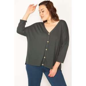 Şans Women's Plus Size Smoked Colored Cardigan with Front Buttons, V-neck