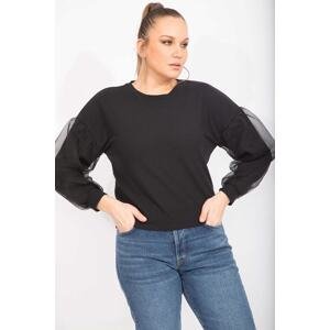 Şans Women's Black Plus Size Blouse with Balloon Sleeves and Tulle Detail