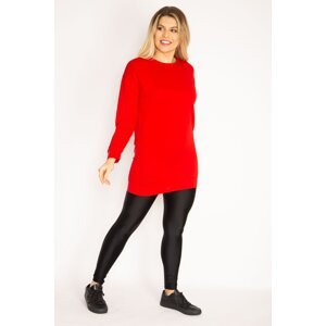 Şans Women's Plus Size Red Tunic With Banded Sleeves And Hem