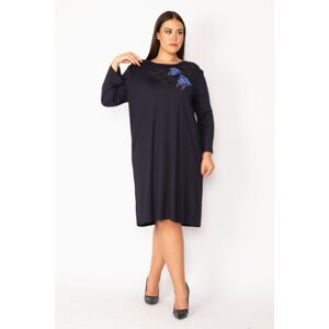 Şans Women's Plus Size Navy Blue Embroidery And Sequin Detailed Long Sleeve Dress