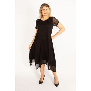 Şans Women's Plus Size Black Dress With Sleeves And Hem. Tulle Detailed With Slits In The Side