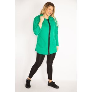 Şans Women's Plus Size Green Front Zippered Pocket And Hooded Coat
