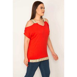 Şans Women's Plus Size Red Off-the-shoulder blouse with sequined lace detail around the neck and the hem.