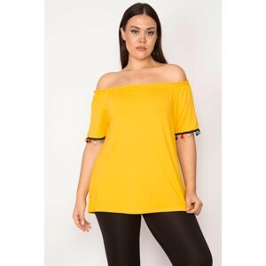 Şans Women's Plus Size Mustard Collar Blouse with Elasticated Sleeves with Pompom Detail