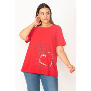 Şans Women's Plus Size Red Cotton Fabric Crewneck Printed Blouse