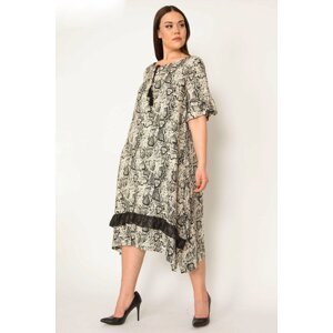 Şans Women's Mink Collar Lace-Up Hem Chiffon Viscose Dress With Ruffle And Ruffle Sleeves