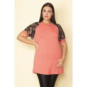Şans Women's Plus Size Blouse with Pomegranate Sleeves and Tulle Sequin Detail