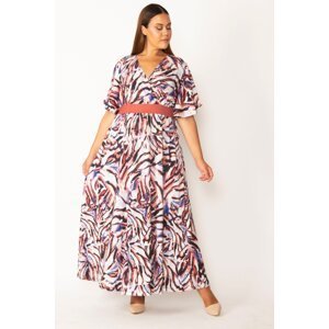 Şans Women's Plus Size Colorful, Wrapover Collar Long Dress with Ruffle Sleeves and Waist Garnish