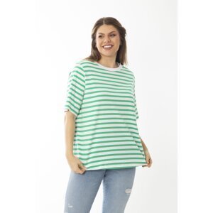 Şans Women's Plus Size Green Crewneck Striped Blouse