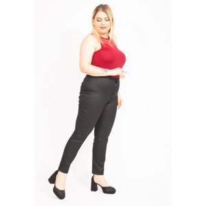 Şans Women's Black Plus Size Trousers Made of Faux Leather with a Hidden Belt, No Pocket