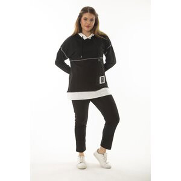 Şans Women's Plus Size Black Garni and Stitching Detail Hooded Sweatshirt Pants Double Suit