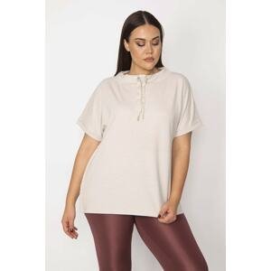 Şans Women's Plus Size Tunic with Stone Collar, Eyelet, Lace Detailed, Glitter Stripe on the Sides, Double Sleeves