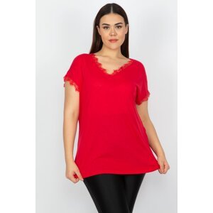 Şans Women's Plus Size Red Viscose Blouse with Lace Detail