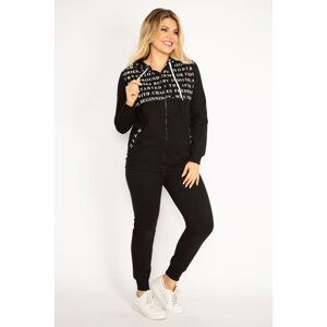 Şans Women's Plus Size Black Zipper And Hood Detailed Printed Tracksuit Set