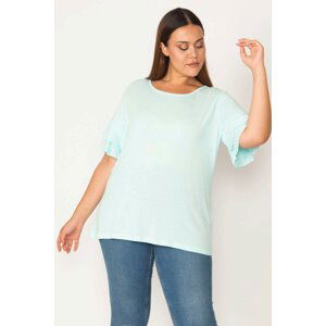 Şans Women's Plus Size Green Cotton Fabric Crew Neck Blouse with Ruffles