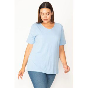 Şans Women's Plus Size Blue Cotton V-Neck Short Sleeve Blouse