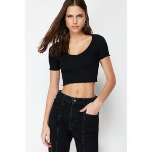 Trendyol Black Pool Neck Baby Overlock Detail Crop Ribbed Elastic Knitted Blouse