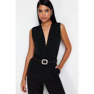 Trendyol Black Waistband Double Breasted Knitted Shiny Stone Studs Bodysuit