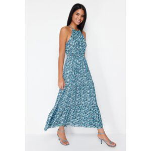 Trendyol Blue Floral Skater/Water Open Weightlifting Neck Ribbed Elastic Knitted Maxi Dress