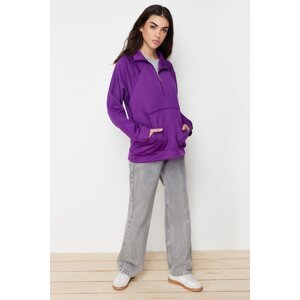 Trendyol Purple Kangaroo Pocket Zipper Detail Scuba Knitted Sweatshirt