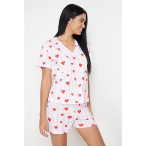 Trendyol Powder-Multicolor 100% Cotton Striped and Heart Knitted Pajamas Set