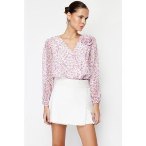 Trendyol Pink Crop Lined Rose Detail Floral Chiffon Woven Blouse