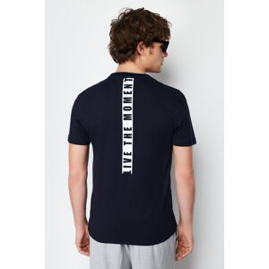Trendyol Navy Blue Regular/Normal Fit Text Printed on Back 100% Cotton Short Sleeve T-Shirt