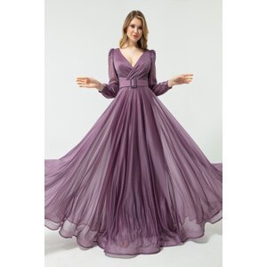 Lafaba Women's Lavender, Double Breasted Collar Glittery Long Flare Evening Dress.