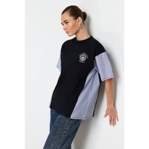 Trendyol Black Oversize/Wide Fit Poplin Detail Printed Knitted T-Shirt
