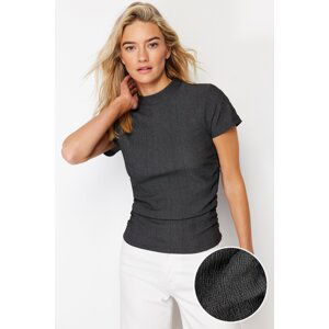 Trendyol Anthracite High Neck Short Sleeve Gathered Detail Elastic Knitted Blouse