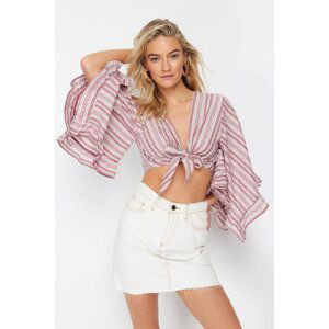 Trendyol Burgundy Striped Crop Woven Tie Blouse