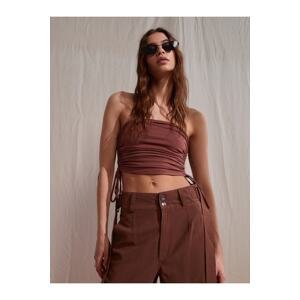 Dilvin 20680 Strapless Crop Top with Smocking at the Sides-Brown
