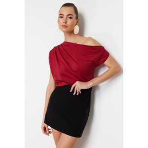 Trendyol Claret Red Regular/Normal Fit Asymmetric Collar Zero Sleeve Stretch Knitted Blouse