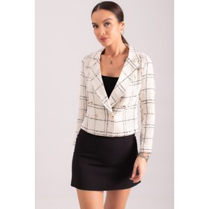 armonika Women's White Double Breasted Collar Tweed Crop Jacket