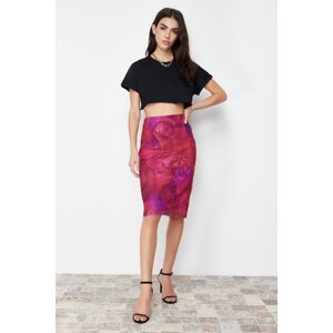 Trendyol Premium Fuchsia Printed Tulle High Waist Lined Midi Knitted Skirt
