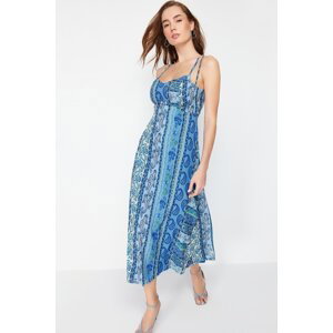 Trendyol Blue Patterned Patterned A-Cut Strap Midi Lined Woven Dress