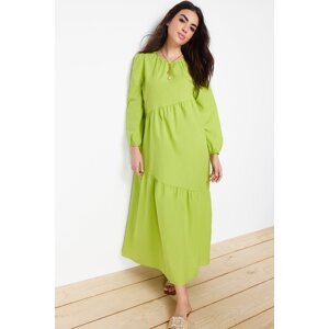 Trendyol Oil Green Gathered Detailed Cotton Wide Fit Woven Dress