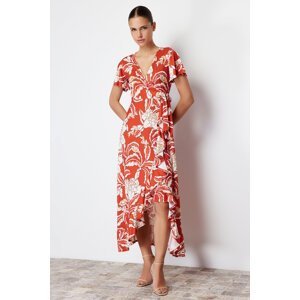 Trendyol Tile Printed Wrapped Belted Midi Stretchy Knitted Midi Dress